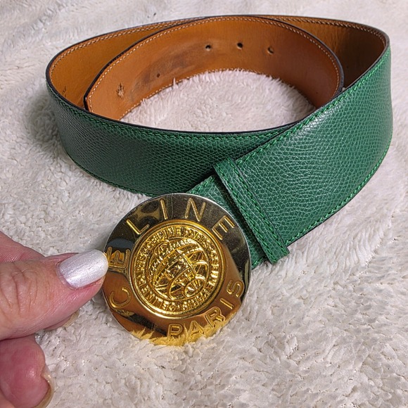 VTG Celine Leather Belt Green Gold Medallion Buckle Authentic Women 70 XS SM main image 5